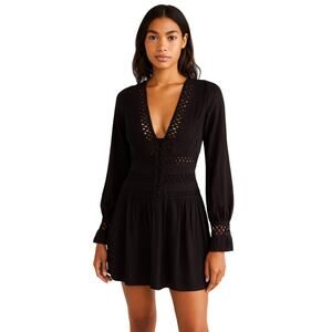 Free People Black Cutout Crochet Mini Dress – Boho Romantic Long Sleeve Size 4